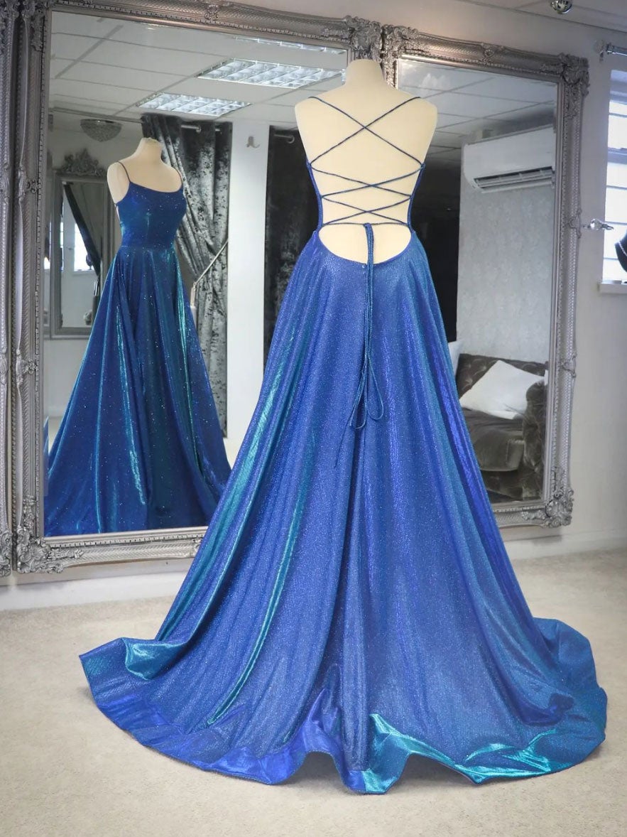 Prom Dressed Long, Simple blue satin long prom dress, blue backless long evening dress