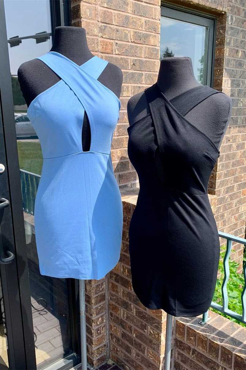 Festival Outfit, Simple Blue Tight Cross Front Short Cocktail Dresses