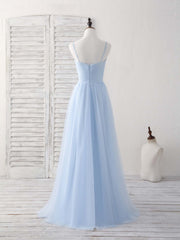 Party Dress Wedding, Simple Blue Tulle Long Prom Dress Blue Bridesmaid Dress