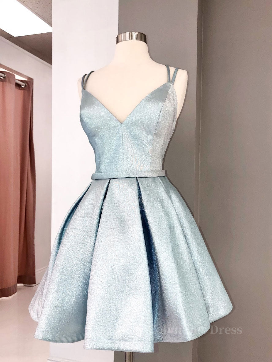 Homecoming Dress Tight, Simple blue v neck satin short prom dress, blue homecoming dress