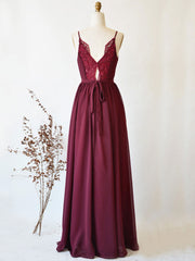 Prom Dresses Two Piece, Simple burgundy chiffon lace long prom dresses, cheap women formal evening dress