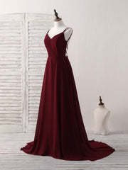 Party Dresses Lace, Simple Burgundy Chiffon Long Prom Dress Backless Evening Dress