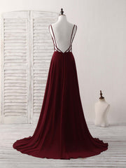 Party Dress Winter, Simple Burgundy Chiffon Long Prom Dress Backless Evening Dress