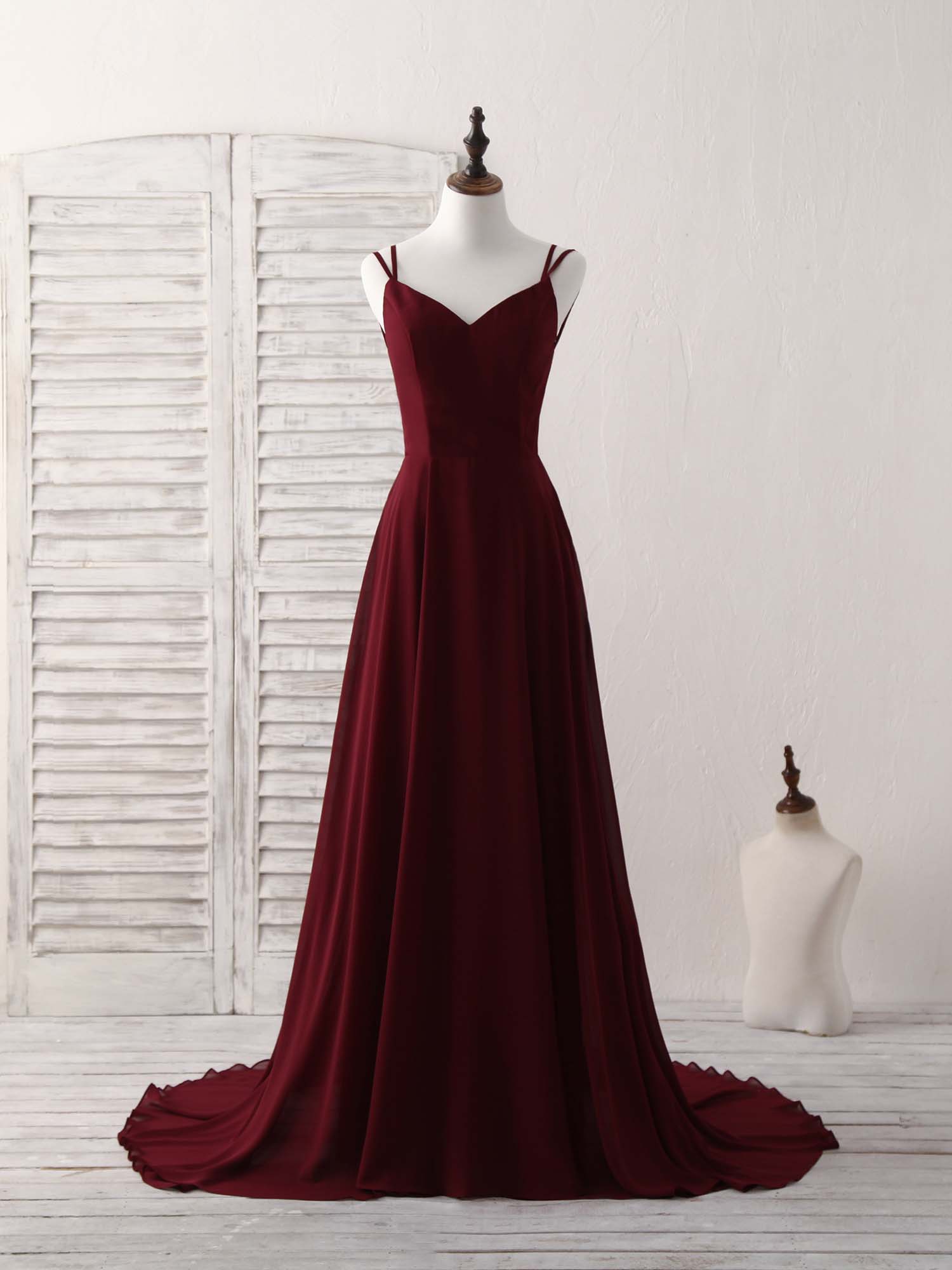 Party Dress Lace, Simple Burgundy Chiffon Long Prom Dress Backless Evening Dress