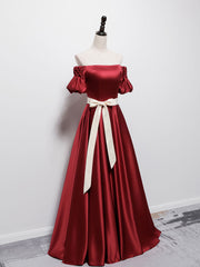 Evening Dresses Red, Simple Burgundy Satin Long Prom Dress Burgundy Bridesmaid Dress