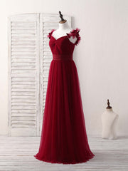 Party Dress Roman, Simple Burgundy Tulle Long Prom Dress Burgundy Bridesmaid Dress