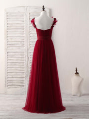 Party Dress Pink, Simple Burgundy Tulle Long Prom Dress Burgundy Bridesmaid Dress