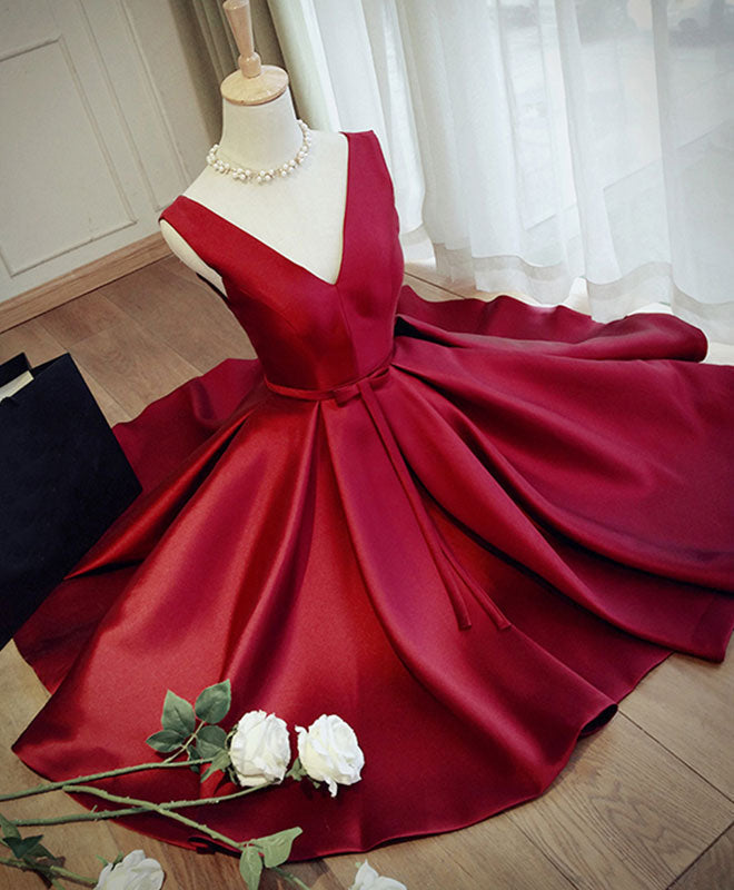 Evening Dress Black, Simple Burgundy V Neck Short Prom Dress, Burgundy Evening Dress