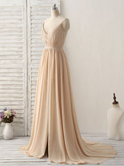 Formal Dresses For Weddings Guest, Simple Champagne Long Prom Dresses V Neck Chiffon Bridesmaid Dress