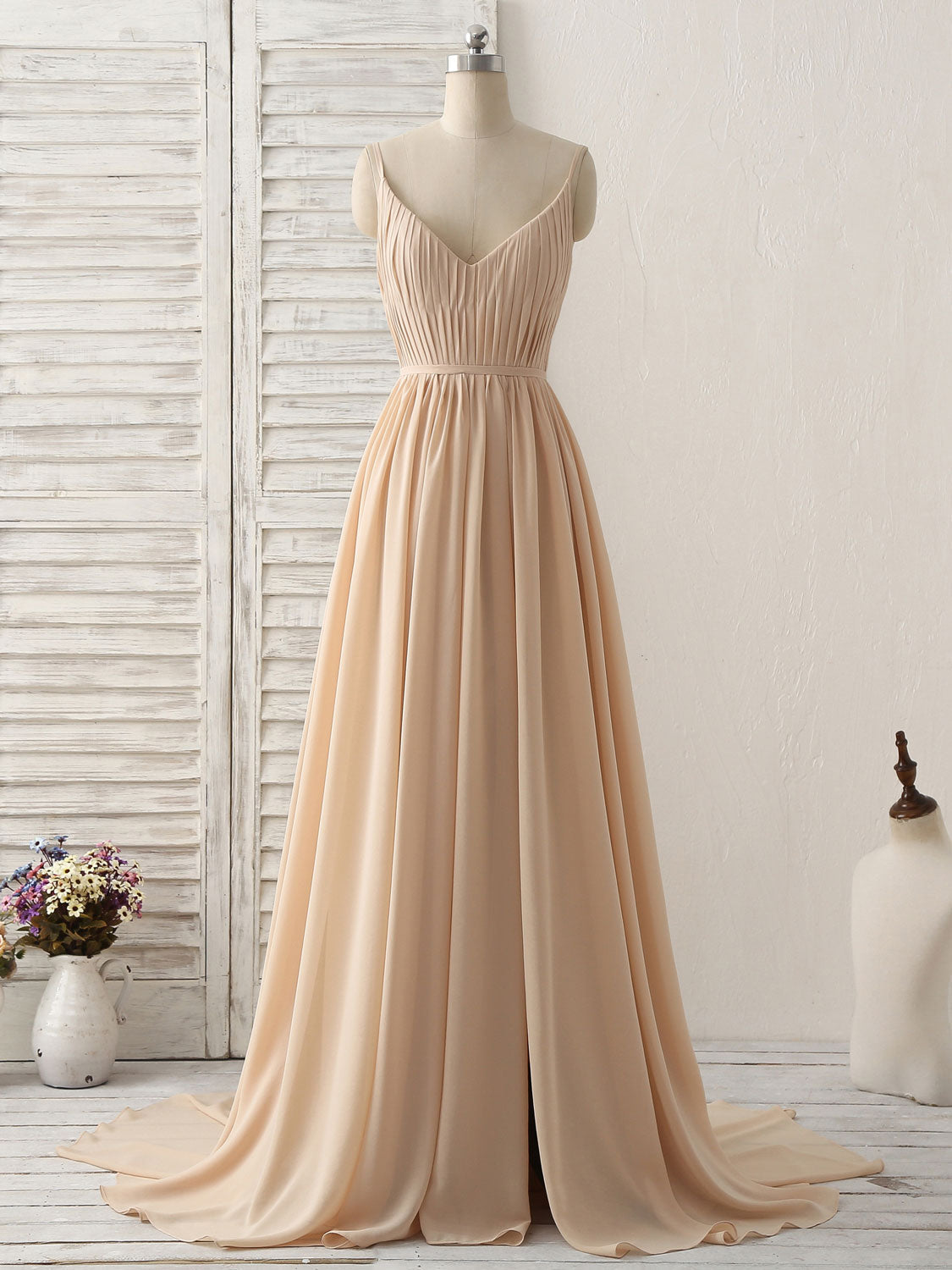 Formal Dresses For Wedding Guest, Simple Champagne Long Prom Dresses V Neck Chiffon Bridesmaid Dress
