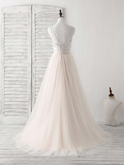 Bridesmaid Dresses Beach Weddings, Simple Champagne Tulle Long Prom Dress Tulle Evening Dress