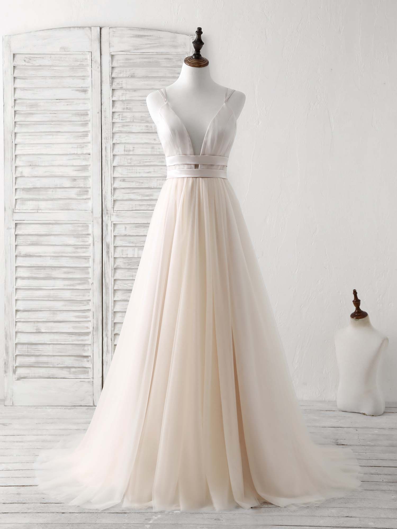 Bridesmaid Dress Shops Near Me, Simple Champagne Tulle Long Prom Dress Tulle Evening Dress