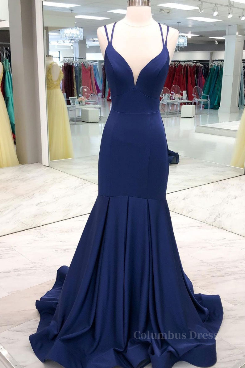 Homecoming Dresses Short Prom, Simple dark blue satin long prom dress blue evening dress