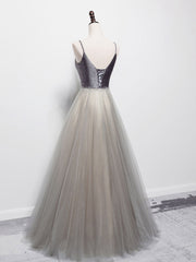 Party Dress Code Man, Simple Gray V Neck Tulle Long Prom Dress, Gray A line Gray Formal Dresses