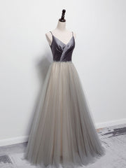 Cocktail Party Outfit, Simple Gray V Neck Tulle Long Prom Dress, Gray A line Gray Formal Dresses