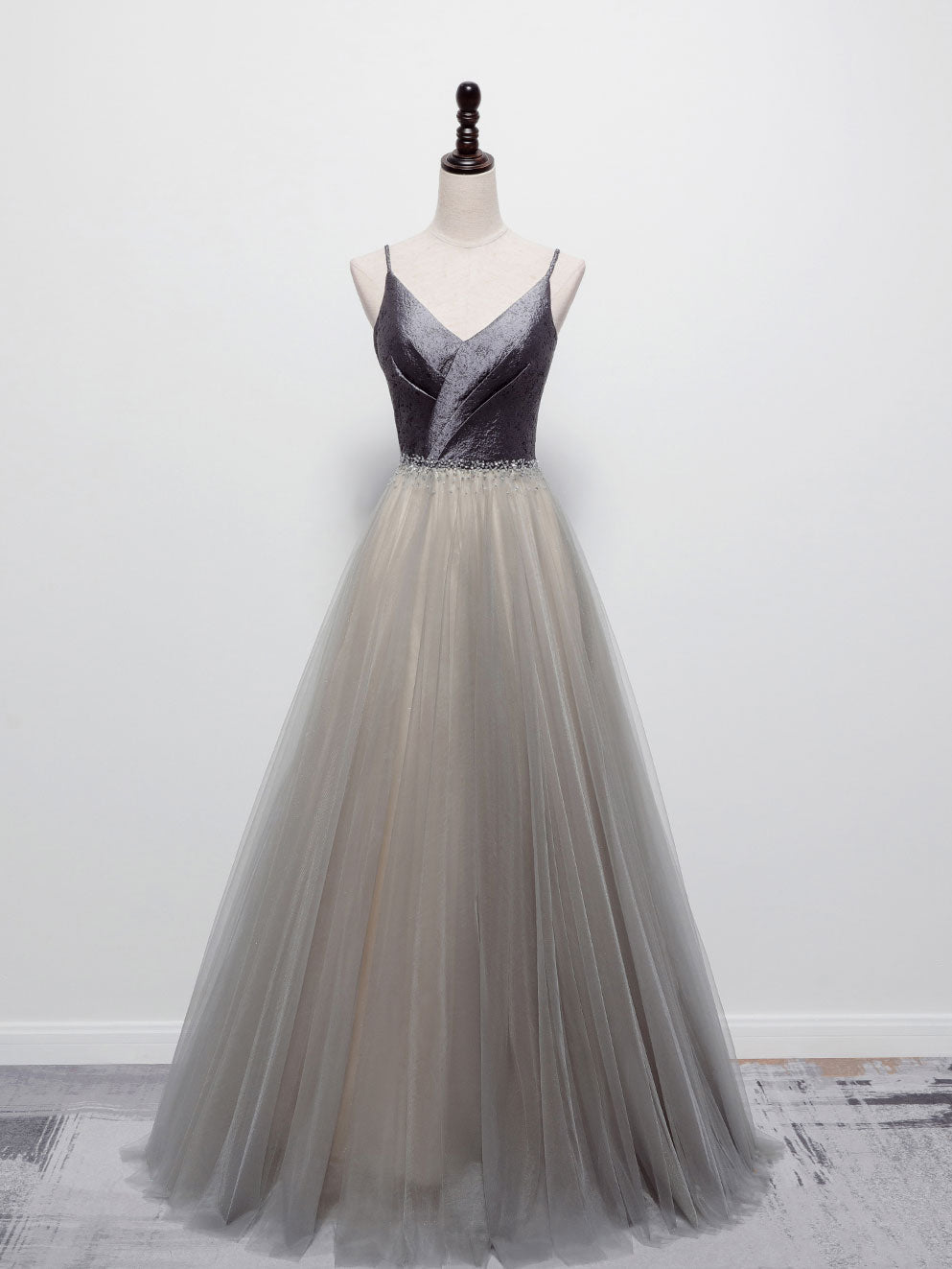 Formal Attire, Simple Gray V Neck Tulle Long Prom Dress, Gray A line Gray Formal Dresses