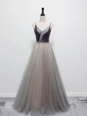 Formal Attire, Simple Gray V Neck Tulle Long Prom Dress, Gray A line Gray Formal Dresses