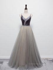 Prom Dresses 2025, Simple gray v neck tulle long prom dress, gray tulle formal dress