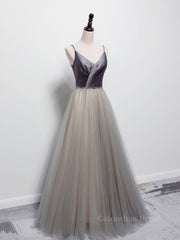 Prom Dresses Off The Shoulder, Simple gray v neck tulle long prom dress, gray tulle formal dress