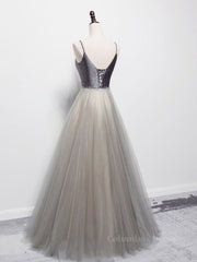 Prom Dress Classy, Simple gray v neck tulle long prom dress, gray tulle formal dress