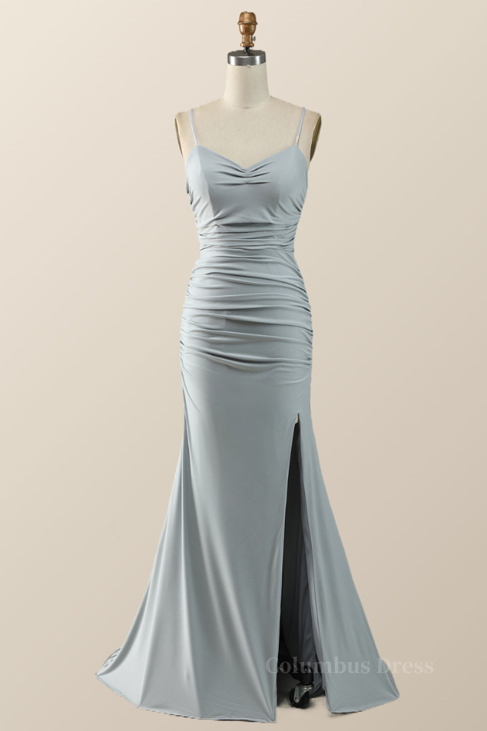 Party Dress After Wedding, Simple Grey Straps Mermaid Pleated Long Formal Dress