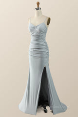 Party Dresses Classy Christmas, Simple Grey Straps Mermaid Pleated Long Formal Dress