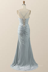 Party Dress Classy Christmas, Simple Grey Straps Mermaid Pleated Long Formal Dress
