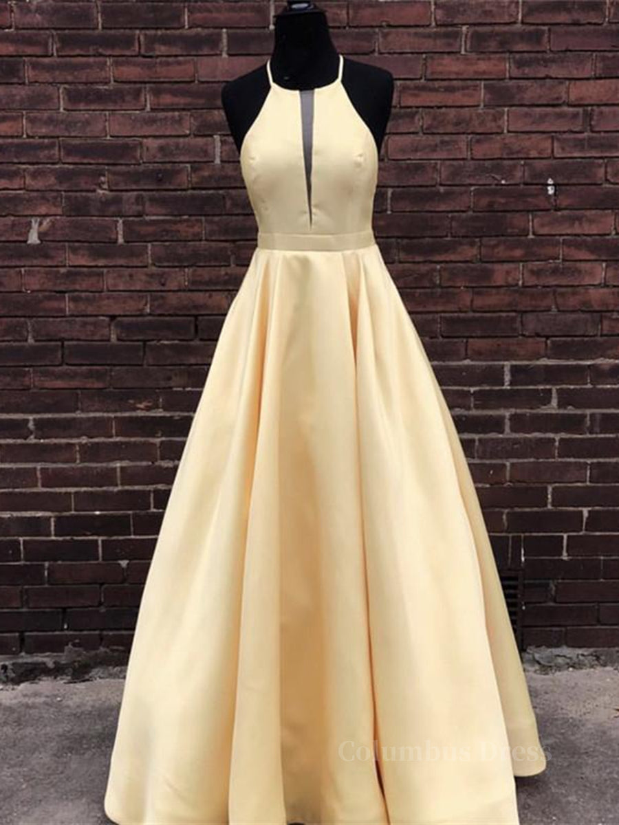 Bridesmaids Dresses Mismatched, Simple Halter Yellow Satin Long Prom Dresses 2024, Yellow Formal Dresses Long Evening Dresses