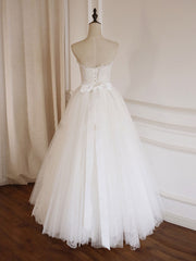 Semi Formal, Simple  Lace Tea Length White Prom Dress, Tulle Lace Bridesmaid Dress