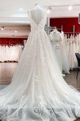 Wedding Dress Jewelry, Simple Long A-line Tulle Lace V Neck Appliques Lace Open Back Wedding Dress