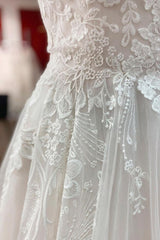 Wedding Dresses With Pockets, Simple Long A-line Tulle Lace V Neck Appliques Lace Open Back Wedding Dress