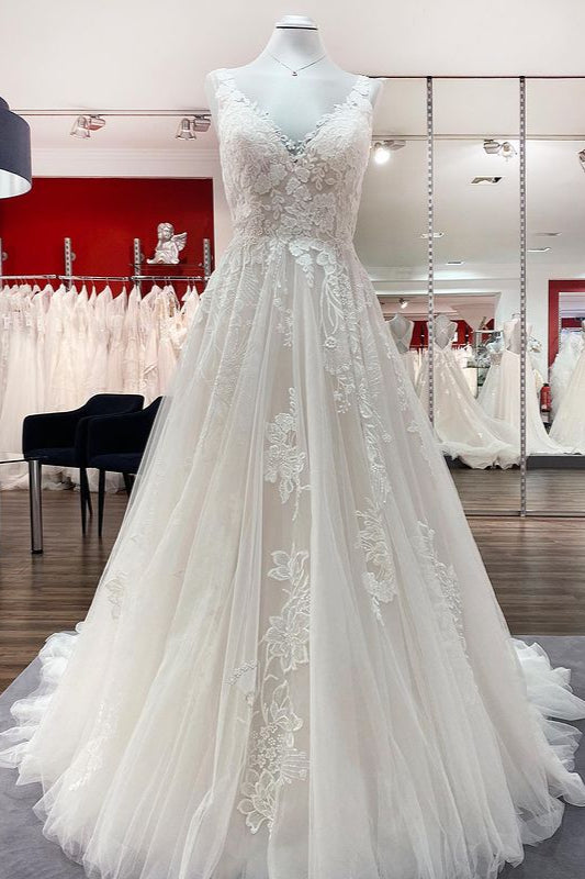 Wedding Dresses V, Simple Long A-line Tulle Lace V Neck Appliques Lace Open Back Wedding Dress