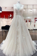 Wedding Dresses V, Simple Long A-line Tulle Lace V Neck Appliques Lace Open Back Wedding Dress