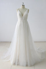Wedding Dress Shoe, Simple Long A-line V Neck Tulle Wedding Dress