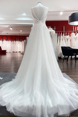 Wedding Dress With Lace, Simple Long V-neck Sequins Ruffles A-line Tulle Backless Wedding Dress