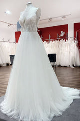 Wedding Dress With Lacing, Simple Long V-neck Sequins Ruffles A-line Tulle Backless Wedding Dress