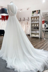 Wedding Dresses With Lace, Simple Long V-neck Sequins Ruffles A-line Tulle Backless Wedding Dress