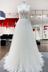 Wedding Dresses 2027 Trends, Simple Long V-neck Sequins Ruffles A-line Tulle Backless Wedding Dress