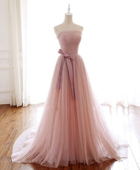 Wedding Dresses With Long Sleves, Simple Pink Fashionable Scoop Tulle Long Wedding Party Dress with Bow, Pink Long Formal Dress