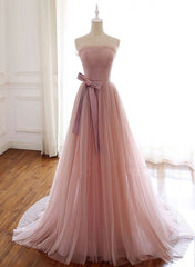 Wedding Dress Classic, Simple Pink Fashionable Scoop Tulle Long Wedding Party Dress with Bow, Pink Long Formal Dress