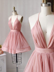 Homecoming Dresses Aesthetic, Simple Pink Tulle Short Prom Dress, Aline Pink Bridesmaid Dress