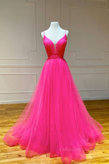 Prom Dresses Brand, Simple pink v neck tulle long prom dress pink formal dress