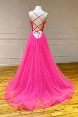 Prom Dress Brands, Simple pink v neck tulle long prom dress pink formal dress