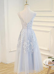 Senior Prom Dress, Simple Pretty Light Grey Tea Length Prom Dress, Tea Length Bridesmaid Dress