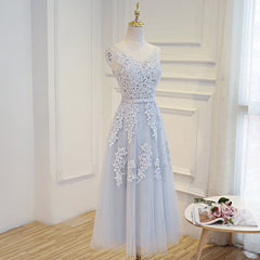Elegant Gown, Simple Pretty Light Grey Tea Length Prom Dress, Tea Length Bridesmaid Dress