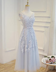 Flowy Prom Dress, Simple Pretty Light Grey Tea Length Prom Dress, Tea Length Bridesmaid Dress