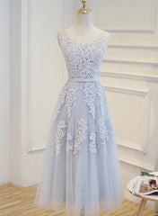 Gorgeou Dress, Simple Pretty Light Grey Tea Length Prom Dress, Tea Length Bridesmaid Dress
