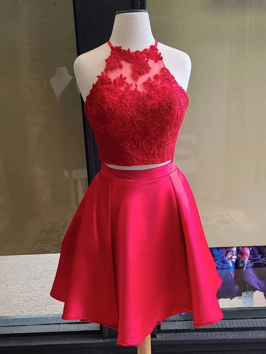 Prom Dresses Boutique, Simple red two pieces short lace prom dress, red homecoming dress