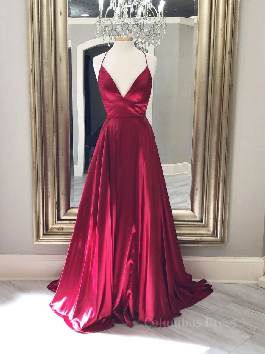 Homecomming Dresses Black, Simple red v neck satin long prom dress, red evening dress
