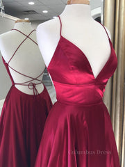Homecoming Dresses Pink, Simple red v neck satin long prom dress, red evening dress